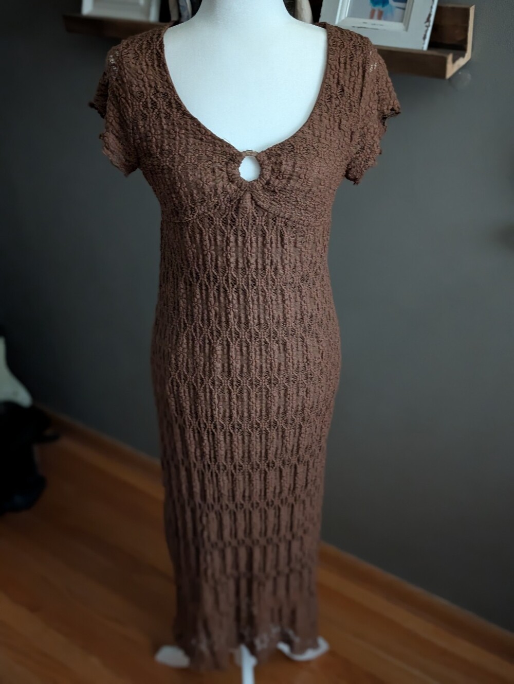 Boho 90s Brown Textured V-Neck Midi Dress Earthy Grunge Whimsigoth Size XL